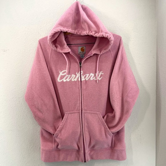 Carhartt Womens Fleece Full Zip Hoodie Pink Logo Script Size M Cozycore Lounge - Picture 2 of 6